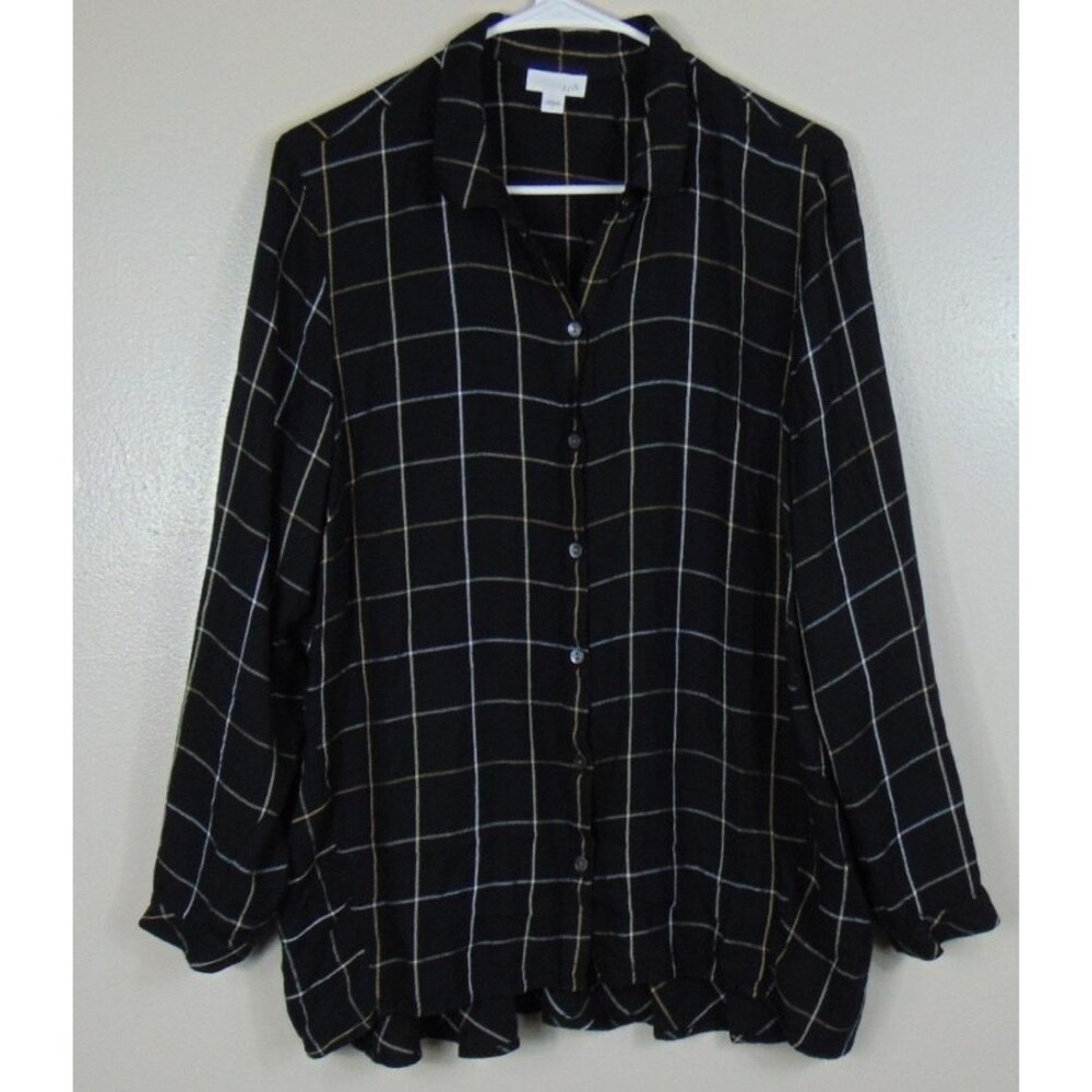 J Jill Large Black Windowpane Button Up Shirt Hi Low Hem Womens Blouse Grid L